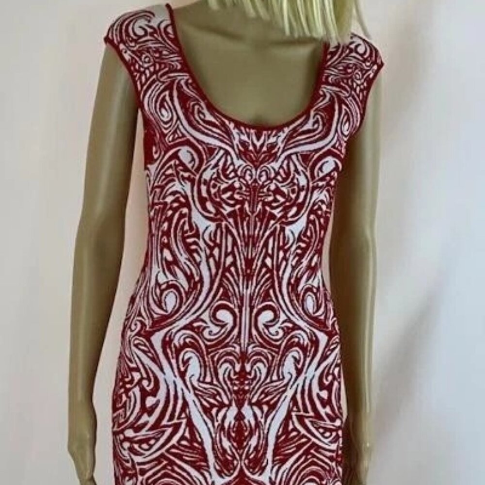 * RVN Womens Geo Textured Knee Length Red/Off White Sparkly Dress Size Small
